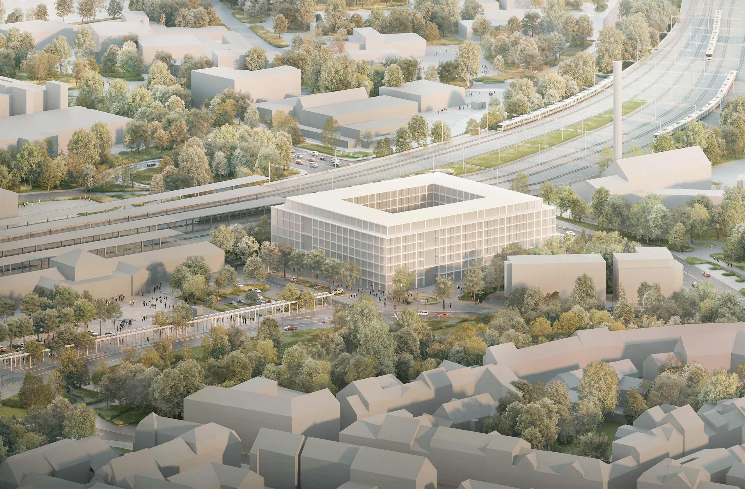Ein urbanes Quartier am Bahnhof von Göttingen, Variante A – Luftbild von Süden