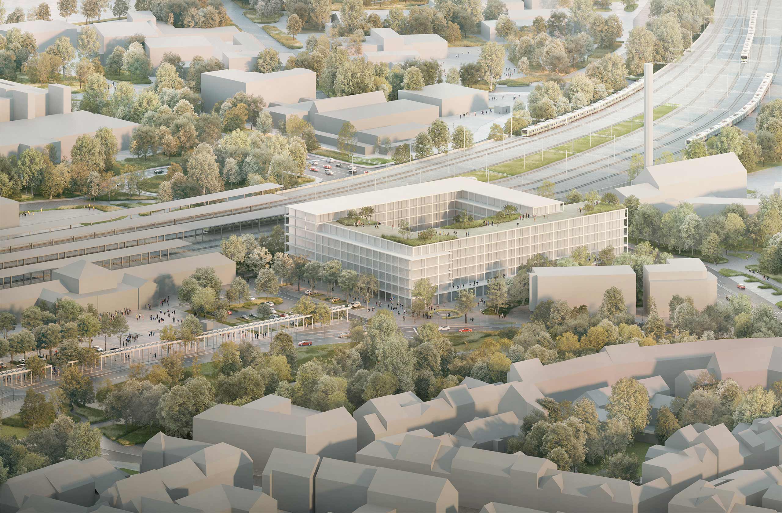 Ein urbanes Quartier am Bahnhof von Göttingen, Variante B – Luftbild von Süden